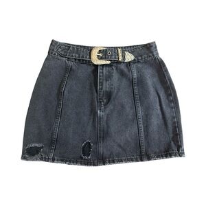 Le Lis Black Denim Mini Skirt with Distressed Details